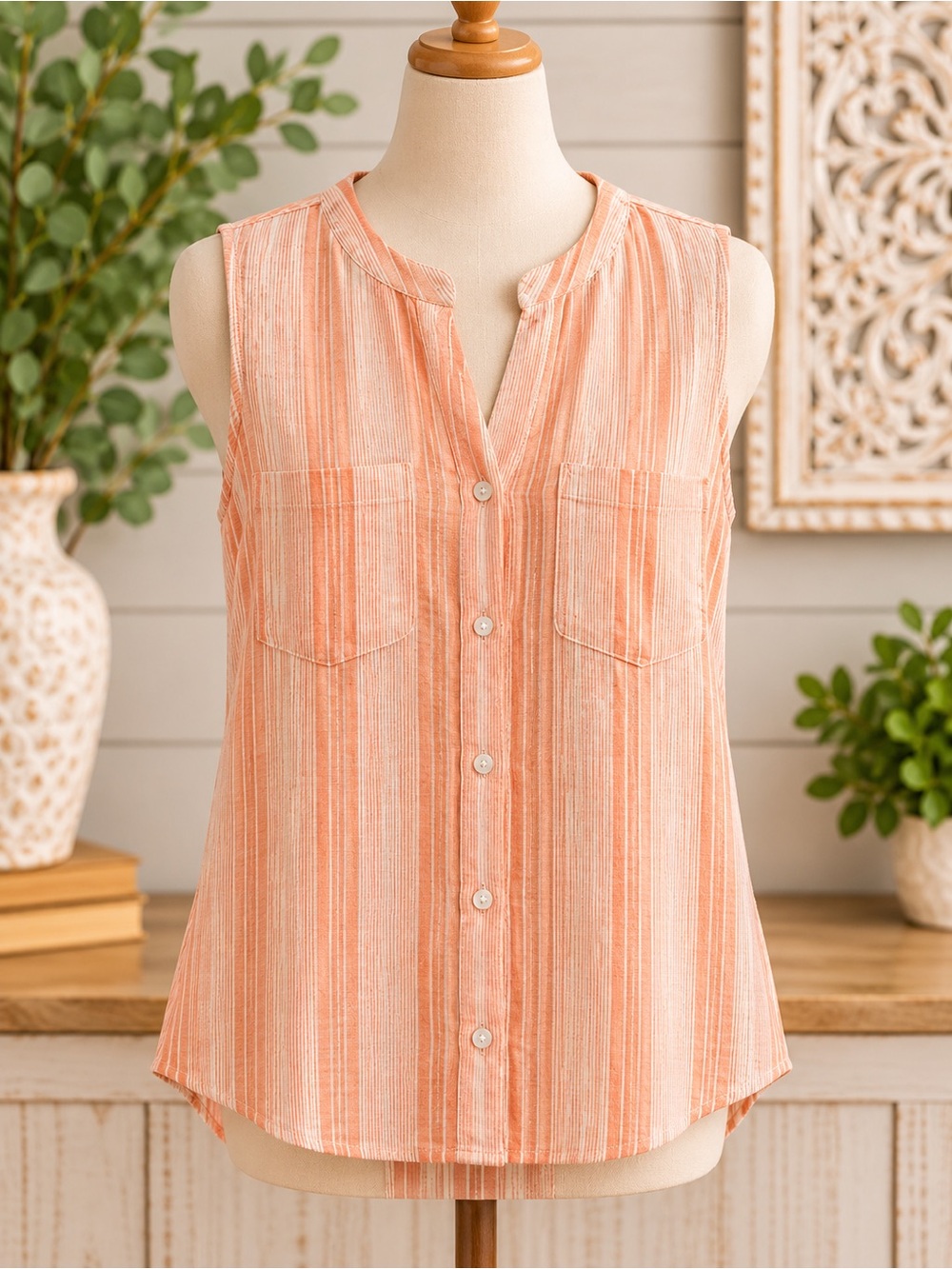 Market & Spruce Peach-Striped Sleeveless Button-Down Top
